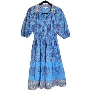 Tuckernuck Celina Moon Tiered Midi Dress Sz Medium Blue Floral Print 100% Cotton